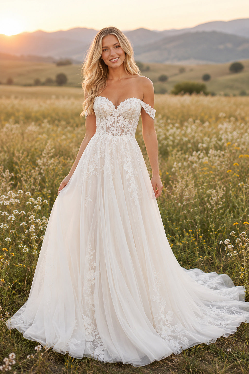 Off the Shoulder Sweetheart A-Line Wedding Dress with Lace Appliques and Full Train front view