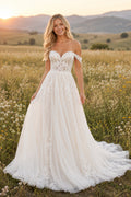 Off the Shoulder Sweetheart A-Line Wedding Dress with Lace Appliques and Full Train front view