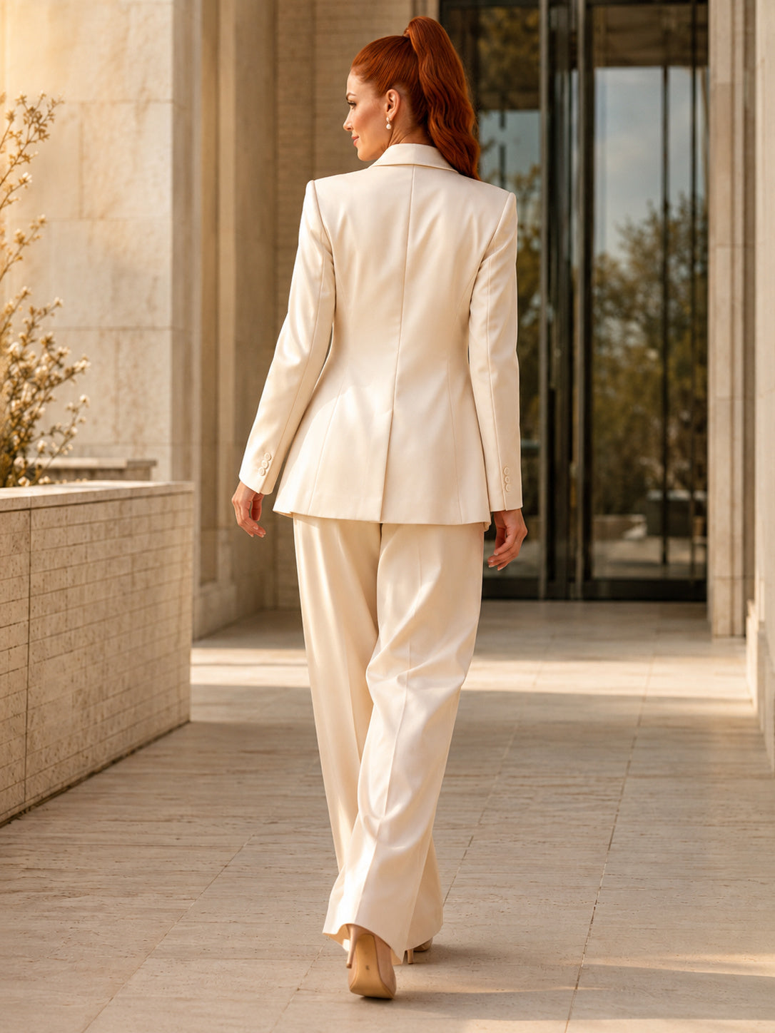 Champagne Metallic Satin Notched V Neck Long Sleeve Wide Leg Civil Wedding Pantsuit back view