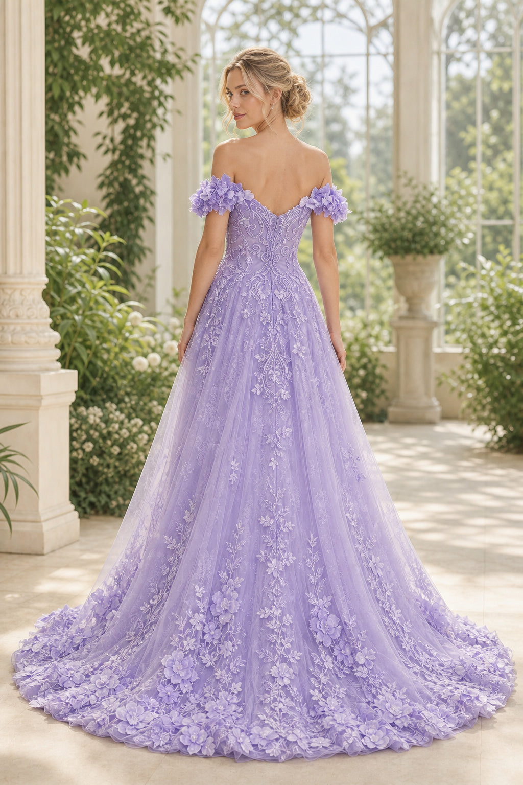 Lavender Off-the-Shoulder A-Line Tulle Floor-Length Dress With Floral Appliques