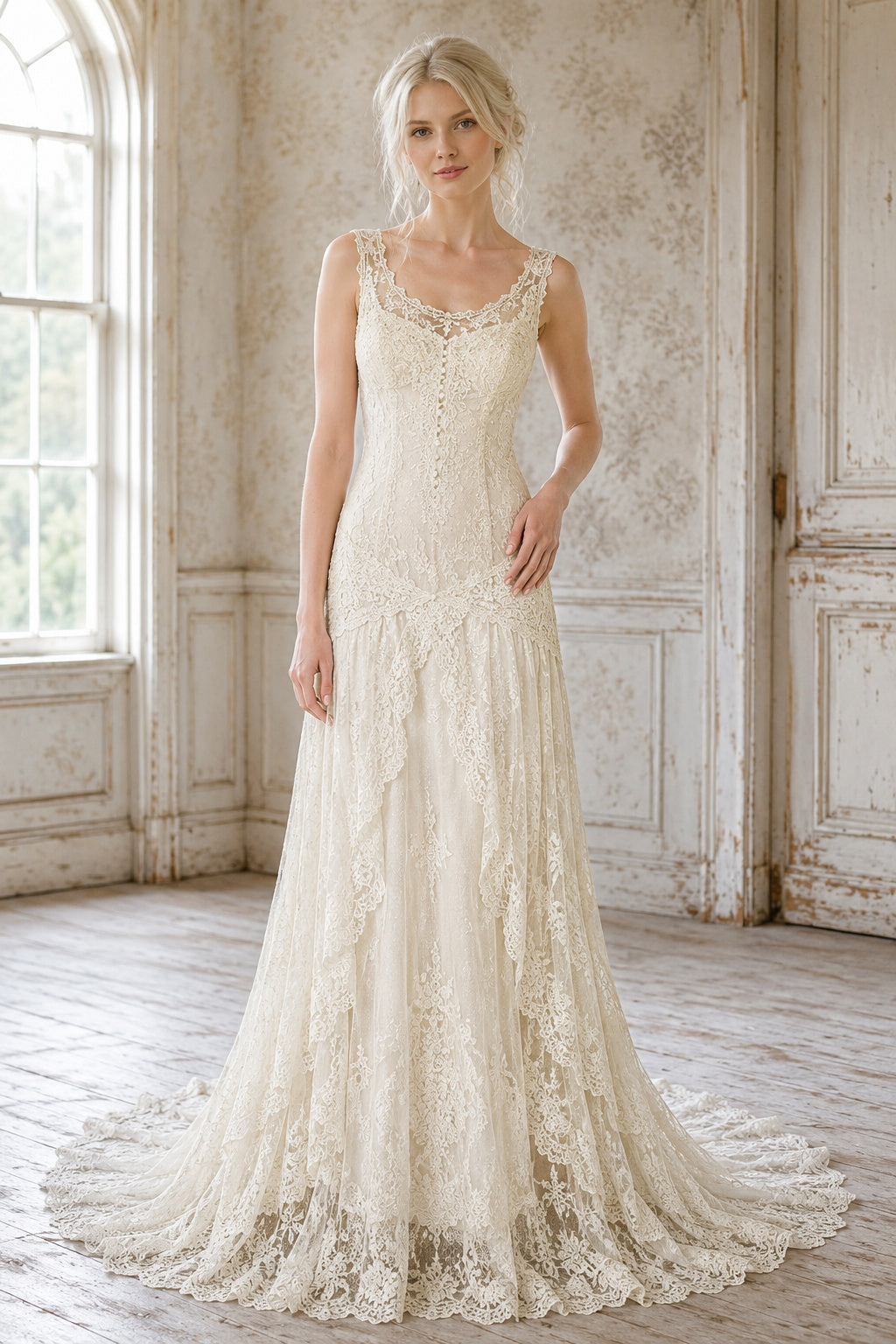 Ivory Sleeveless Lace Sheath Boho Wedding Dress with Scoop Neck and Sweep Train front view