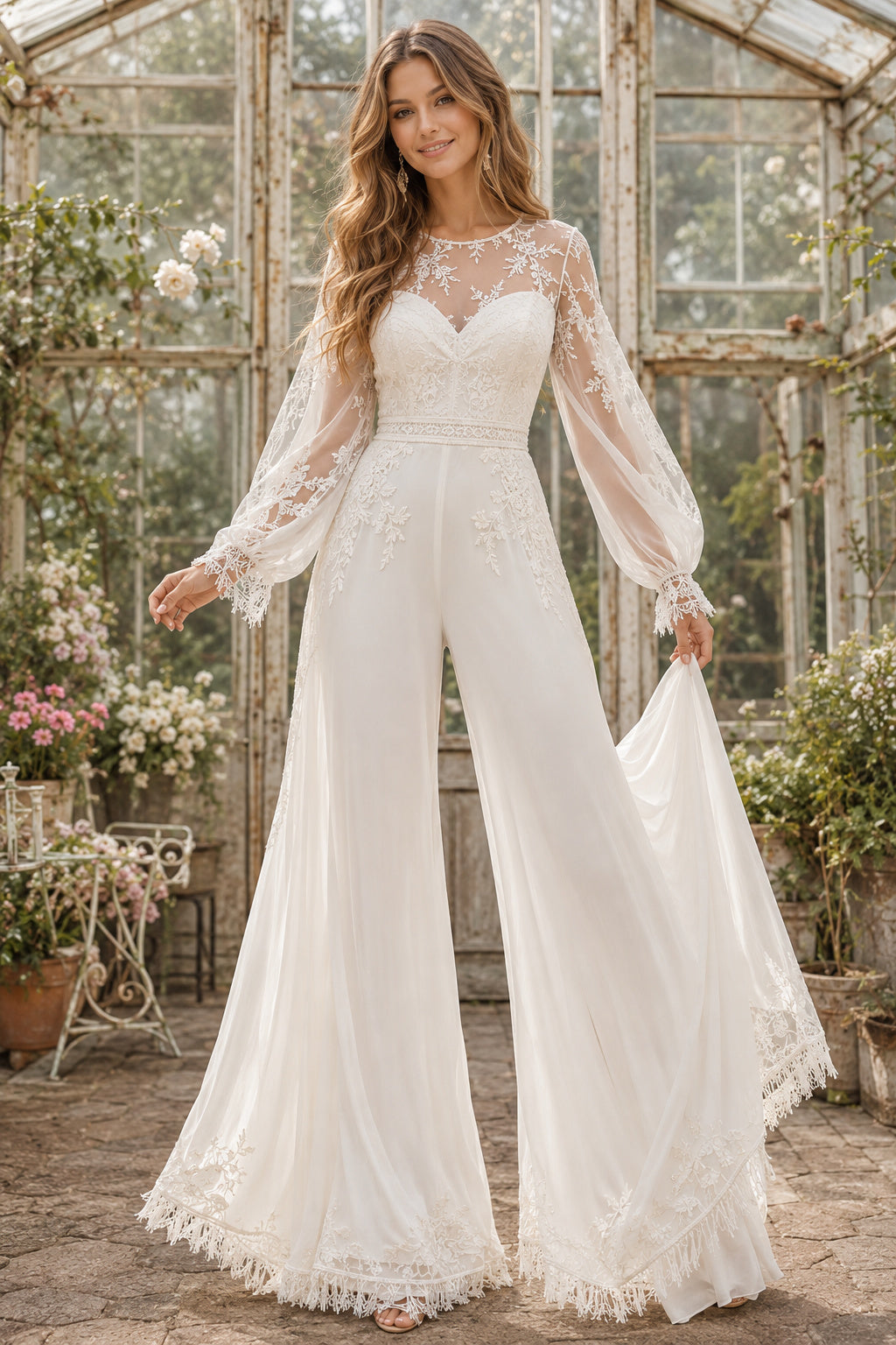 Ivory Sweetheart Bishop Sleeve Lace Satin Floor-Length Bridal Jumpsuit with Bishop Sleeves and Soft Overskirt front view