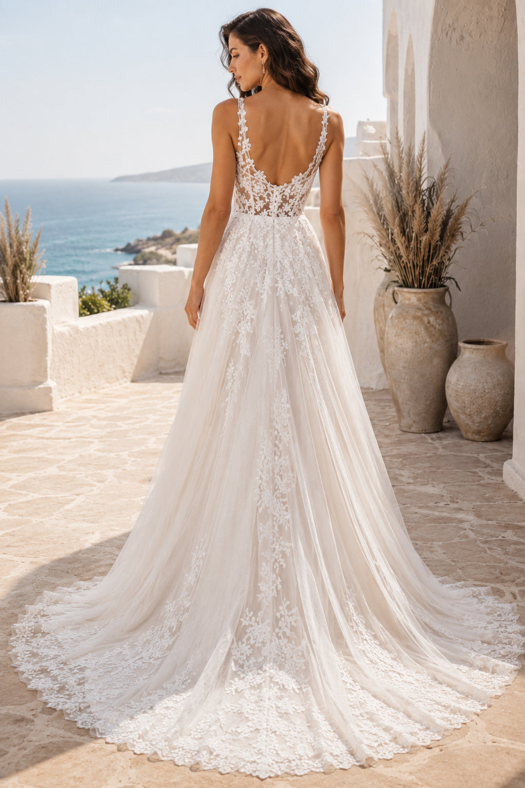 Ivory Strap V-Neck Lace Tulle A-Line Wedding Dress Split Train for Wedding Ceremony and Reception back view