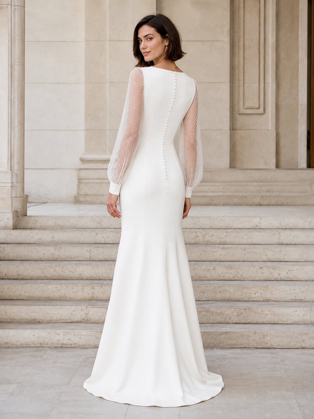 Modern Bateau Long Illusion Sleeve Satin Mermaid Button Wedding Dress back view