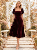 Burgundy velvet square neck puff sleeve tea length A-line dress front view