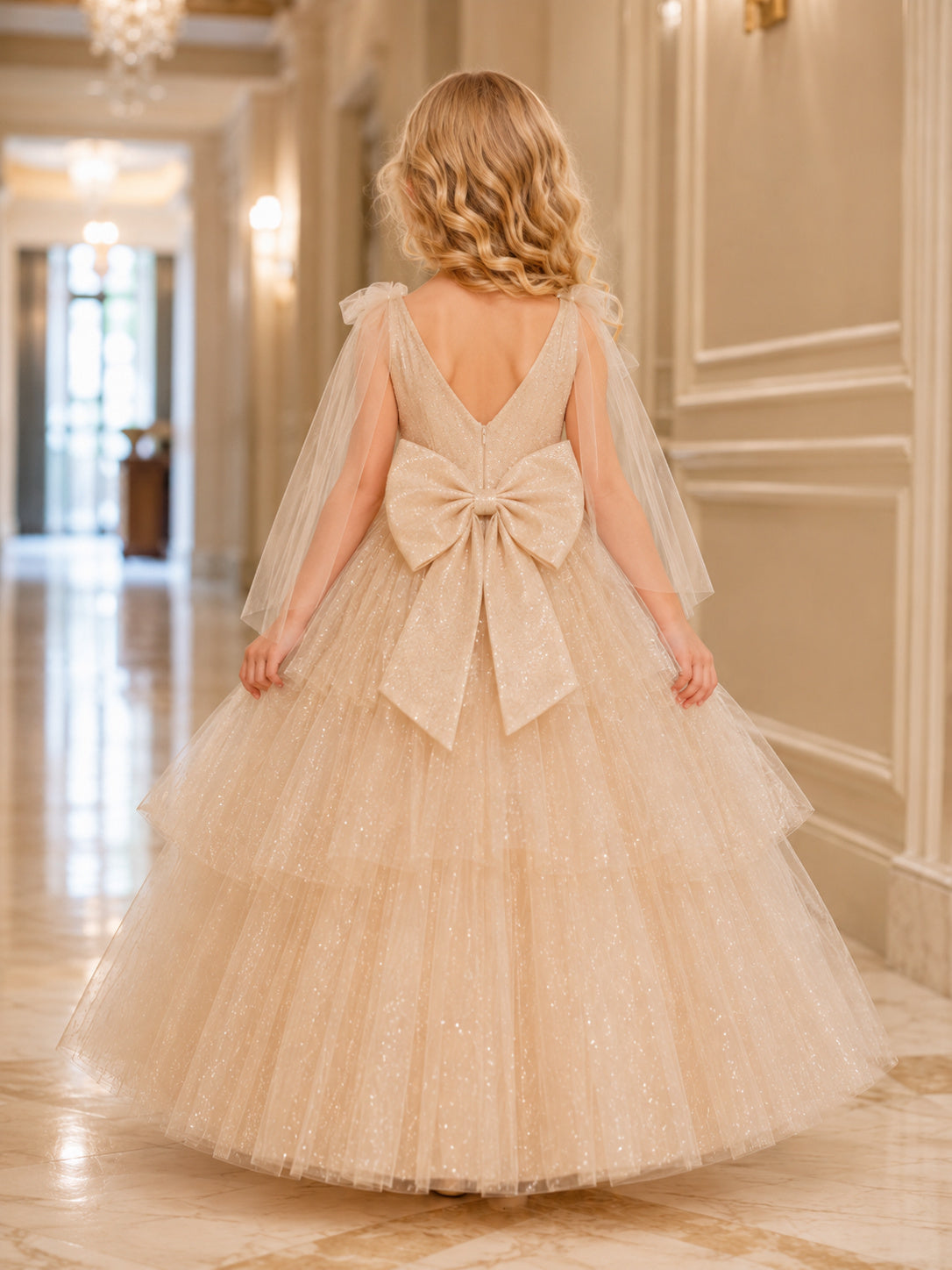 Sleeveless Champagne Tulle A-Line Flower Girl Dress with jewel Neckline and Floor length Skirt with Tiered Layers back view