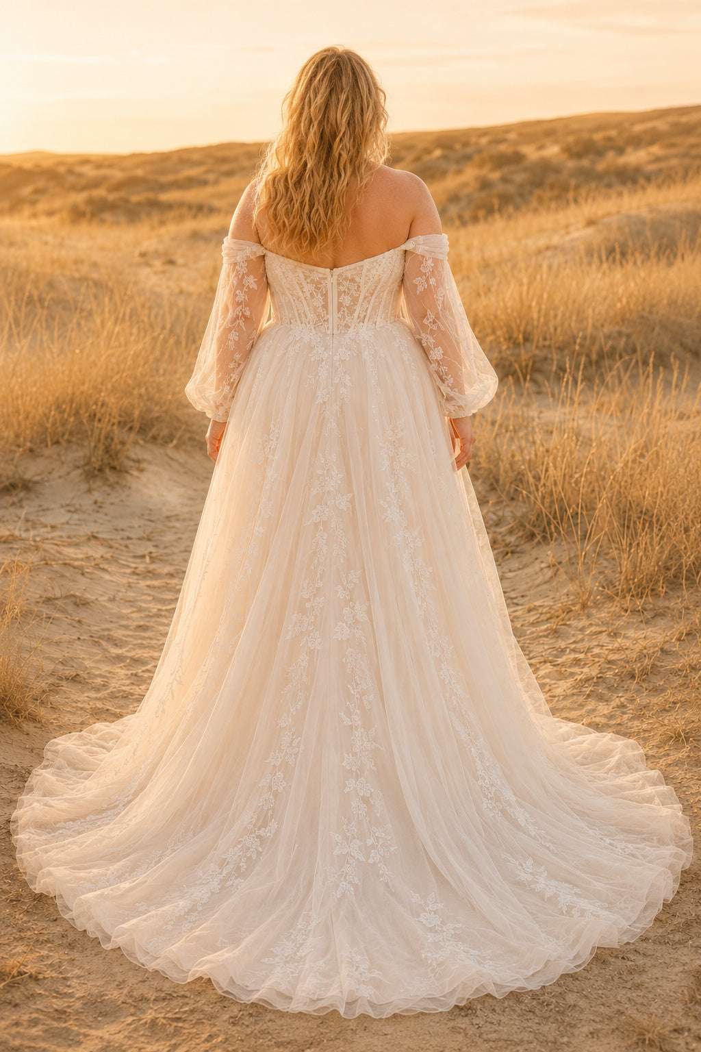 Plus Size Ivory Off-the-Shoulder Lace A-Line Wedding Dress with Bishop Sleeves back view
