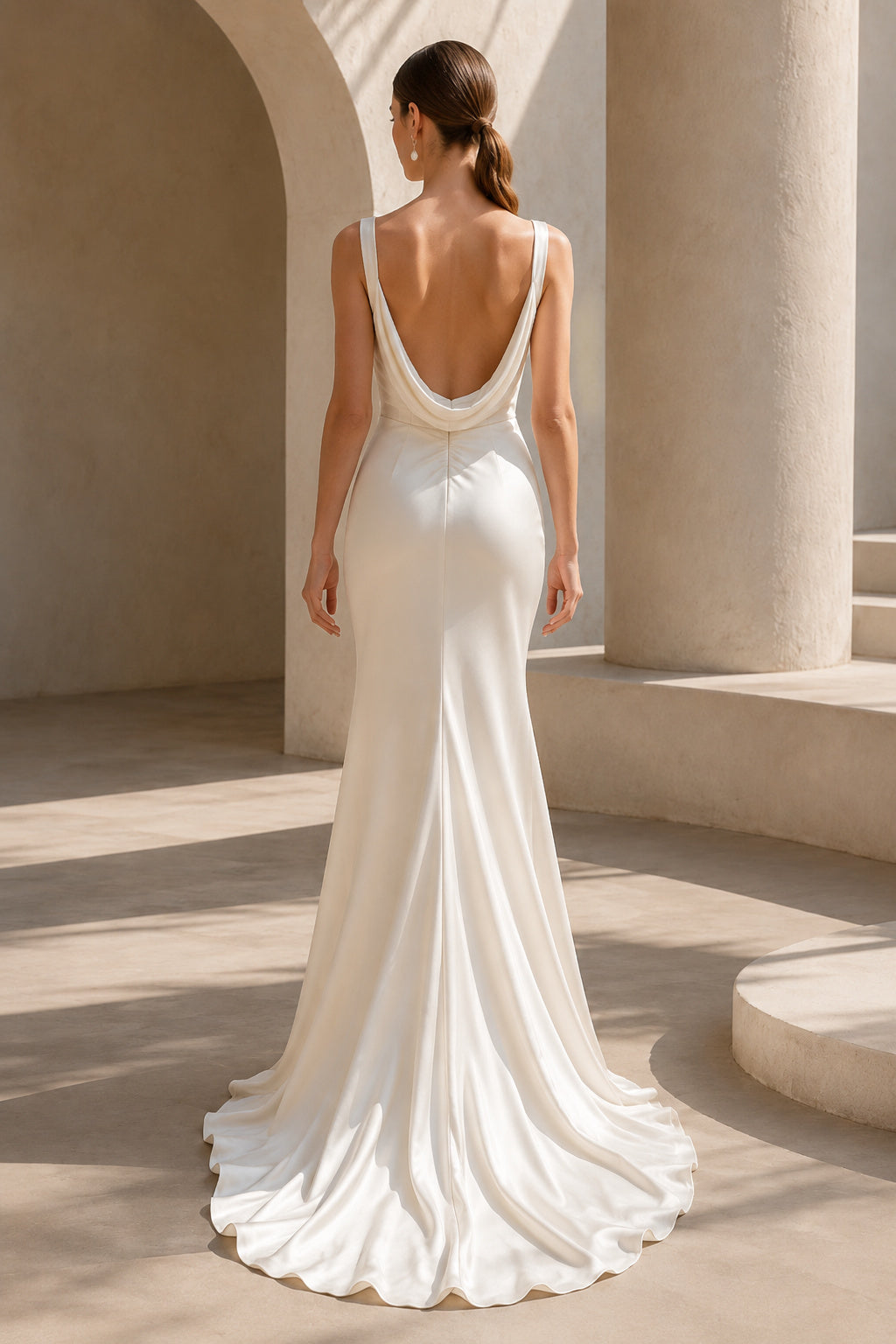 Ivory Cowl Neck Satin Sheath Wedding Dress with Low Back back view