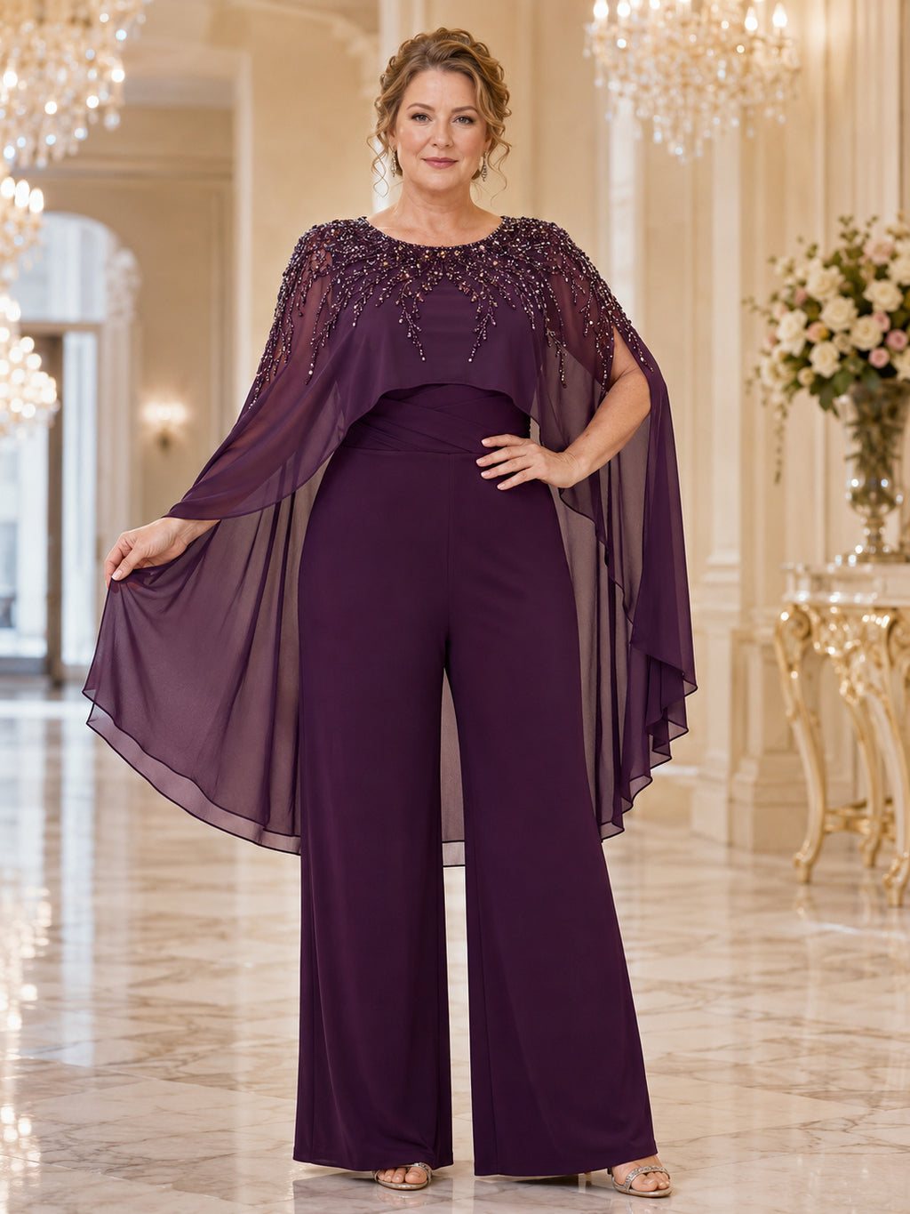 Plus Size Plum Luxury Mother Jumpsuit Jewel Neck Heavily Beaded Long Asymmetric Cape Sleeve Wide-Leg Evening Outfit front vie