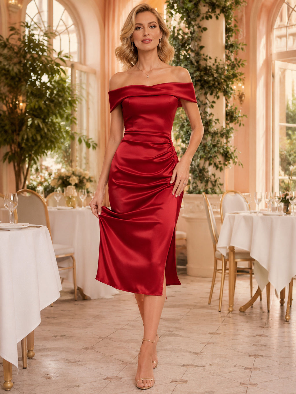 Red off shoulder satin wrap sheath midi anniversary dress front view