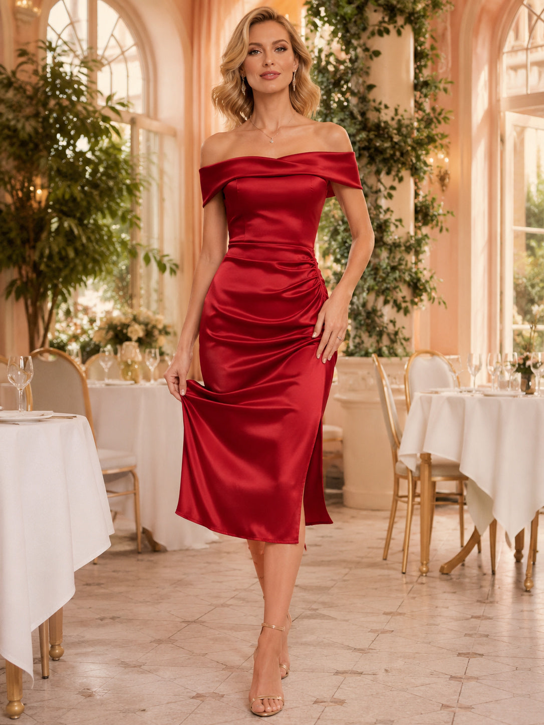 Red off shoulder satin wrap sheath midi anniversary dress front view