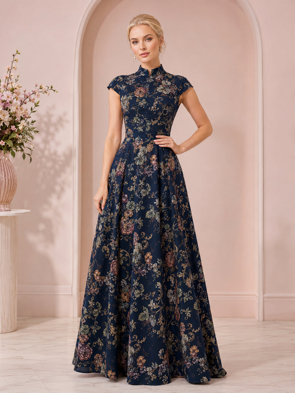 Navy Victorian Botanical High Neck Cap Sleeve Formal Maxi Dress front view