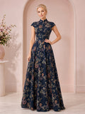 Navy Victorian Botanical High Neck Cap Sleeve Formal Maxi Dress front view