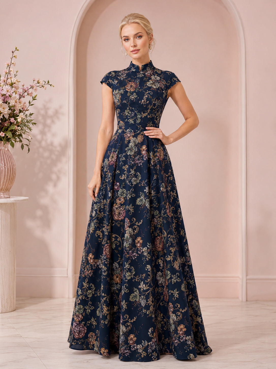 Navy Victorian Botanical High Neck Cap Sleeve Formal Maxi Dress front view