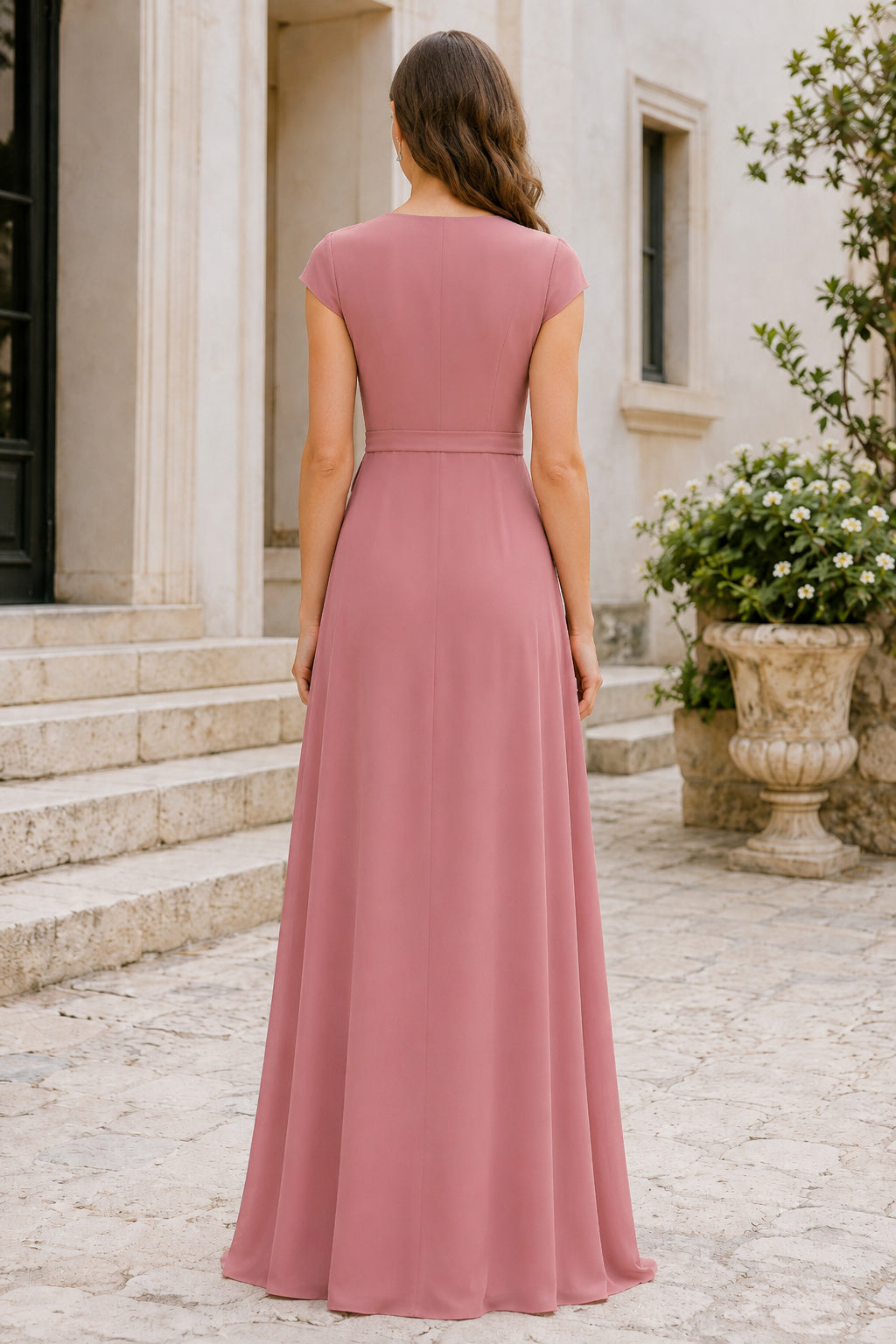 Dusty Rose V-Neck Chiffon A-Line Bridesmaid Dress with Cap Sleeves and Side Sash back view