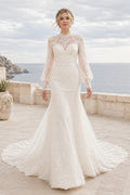 High Neck Long Sleeve Mermaid Wedding Dress with Lace Overlay and Chapel Train for Beach Garden Ceremony front view
