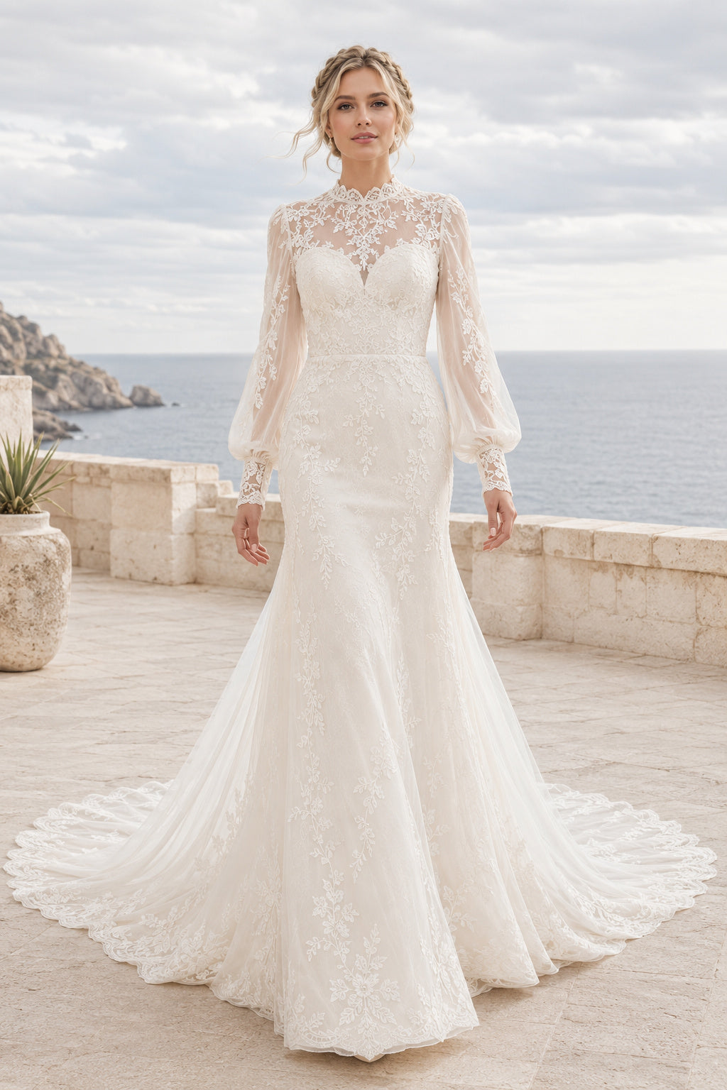 High Neck Long Sleeve Mermaid Wedding Dress with Lace Overlay and Chapel Train for Beach Garden Ceremony front view