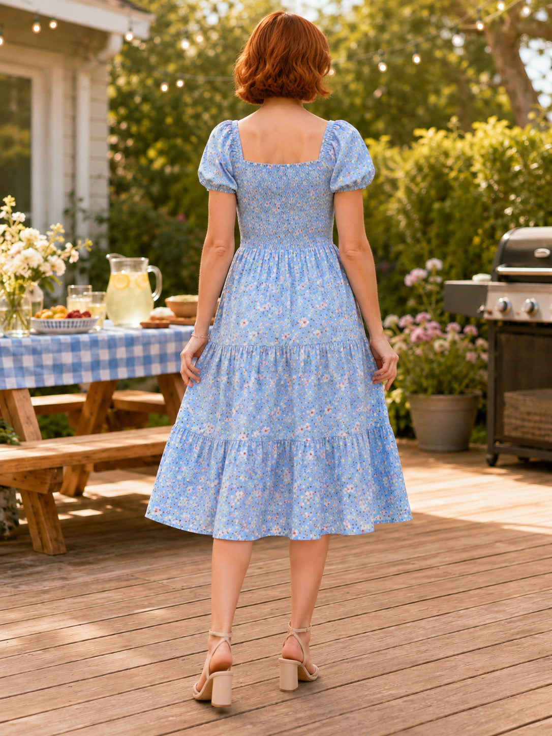 Blue Floral Puff Sleeve Tiered Cotton Backyard Barbecue Dress back view