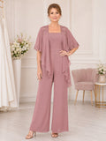 Dusty Rose Mother Jumpsuit with Scoop Neck Beaded Cape and Wide Leg Pants front view