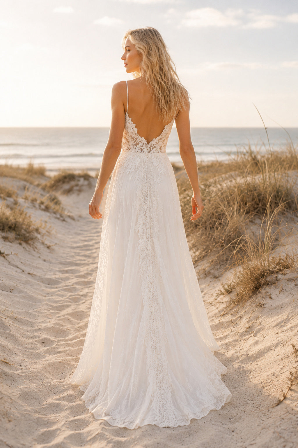Ivory Spaghetti Strap V-Neck Simple Boho Beach Wedding Dress with Low Back back view