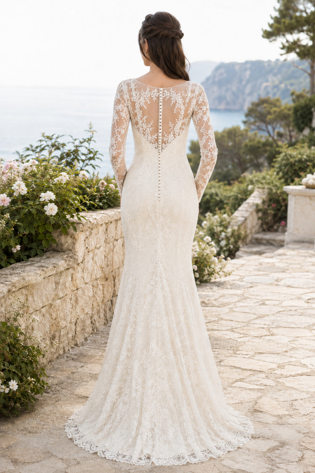 Ivory Illusion Bateau Long Sleeve Lace Mermaid Wedding Dress with Button Back and Train back view