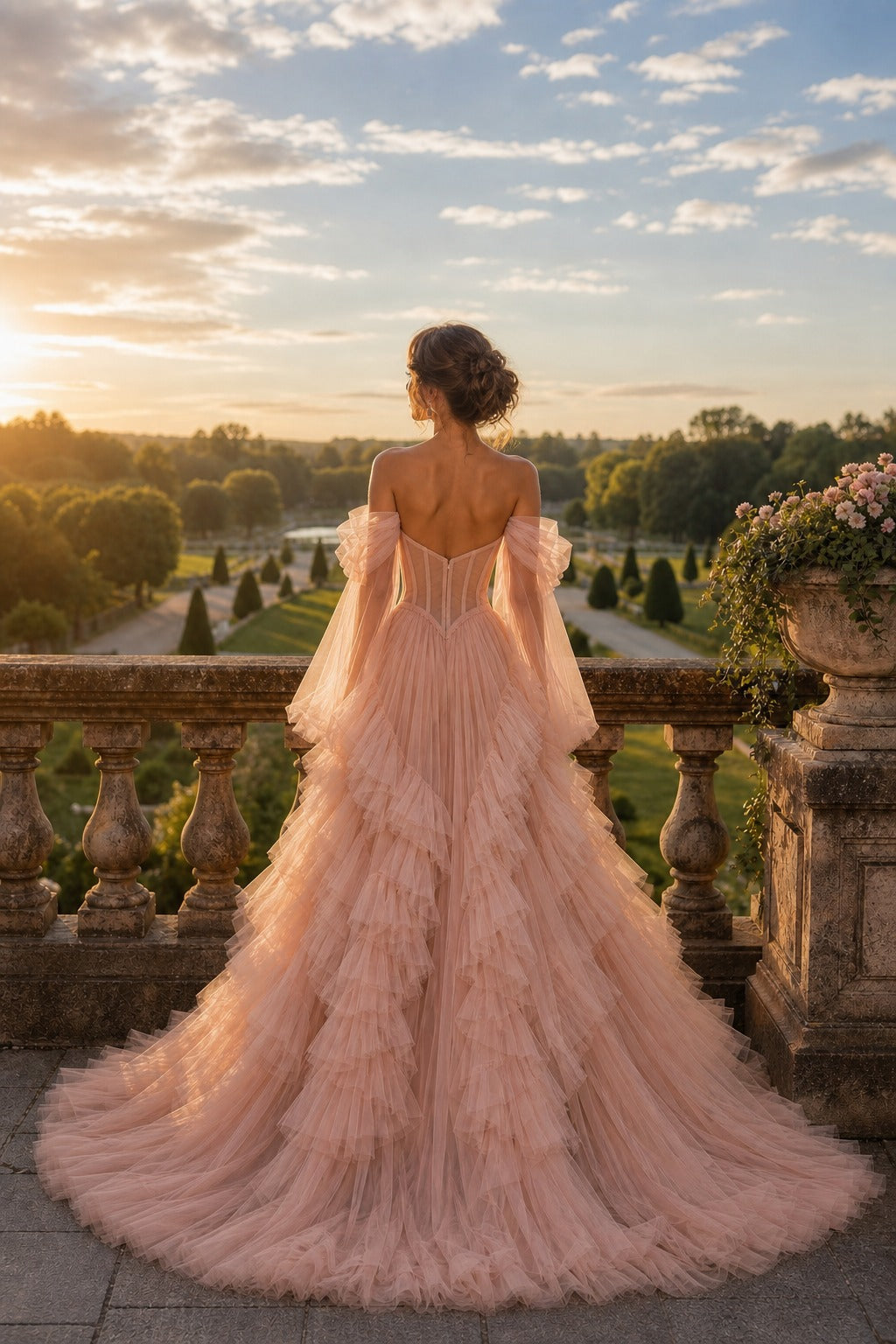 Blush Off-the-Shoulder Tiered Tulle Ball Gown