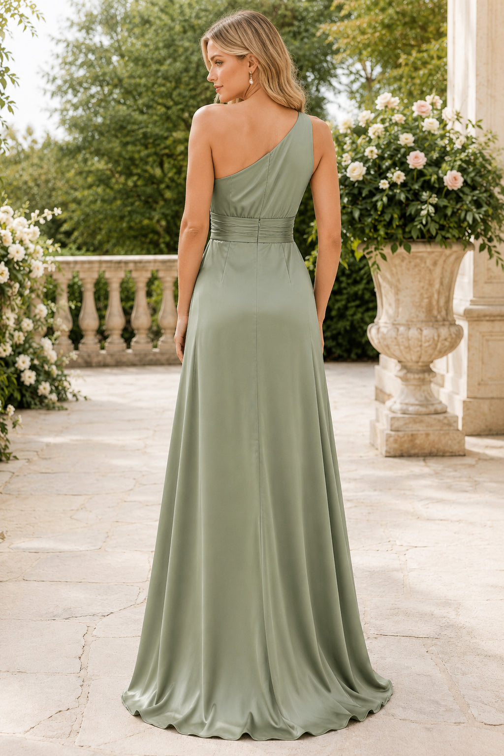 Sage One-Shoulder Chiffon A-Line Bridesmaid Dress with Side Split and Ruched Waist back view