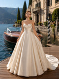 Princess Strapless Sweetheart Satin Ball Gown Chapel Train Destination Wedding Dress front view