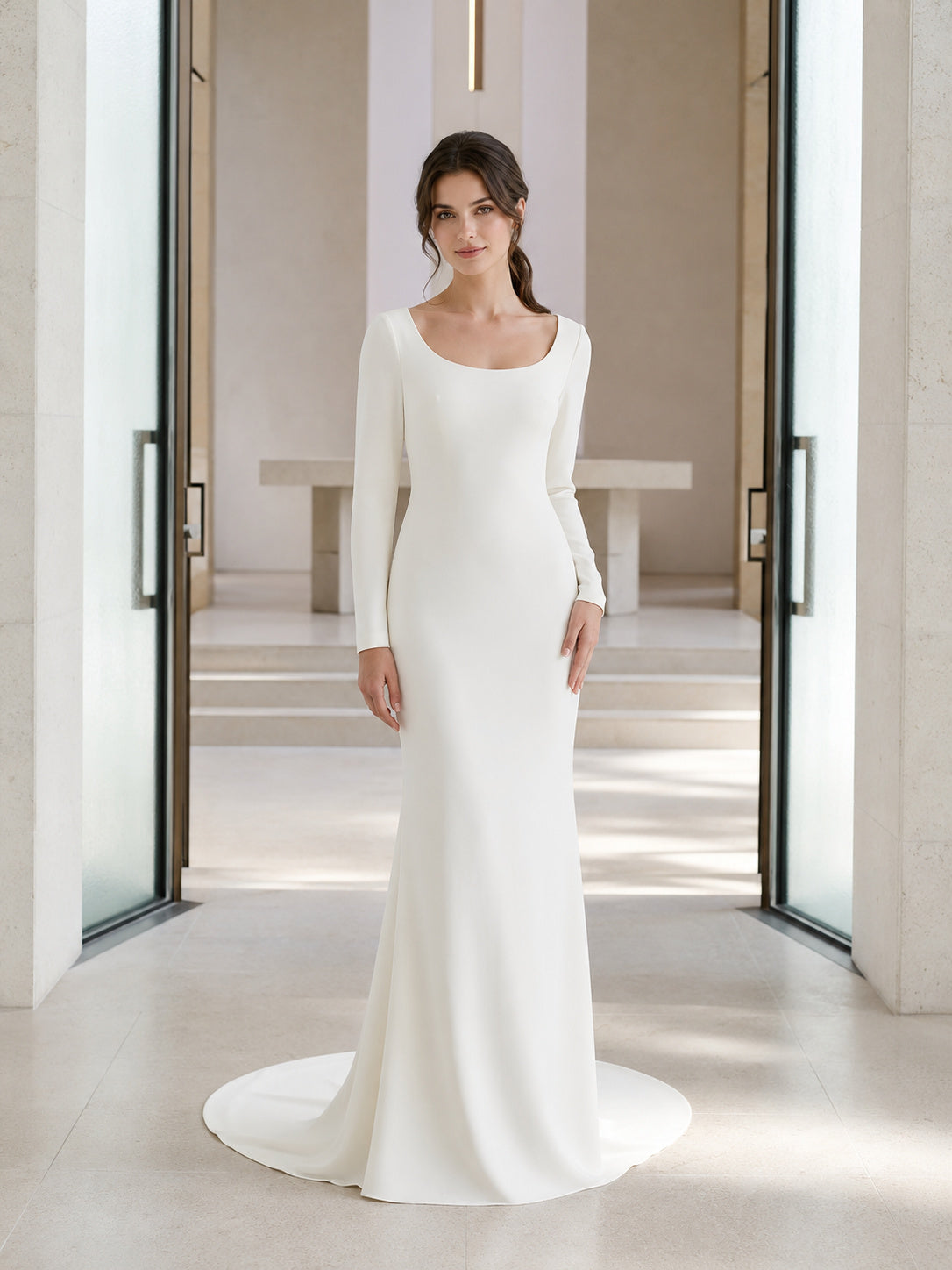 Minimalist Crepe Long Sleeve Modern Chapel Bridal Gown front view