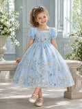 Sky Blue Pressed Flower Girl Dress with Puff Sleeves, Botanical Tulle A-Line, Natural Waist, and Tea-Length Skirt front view