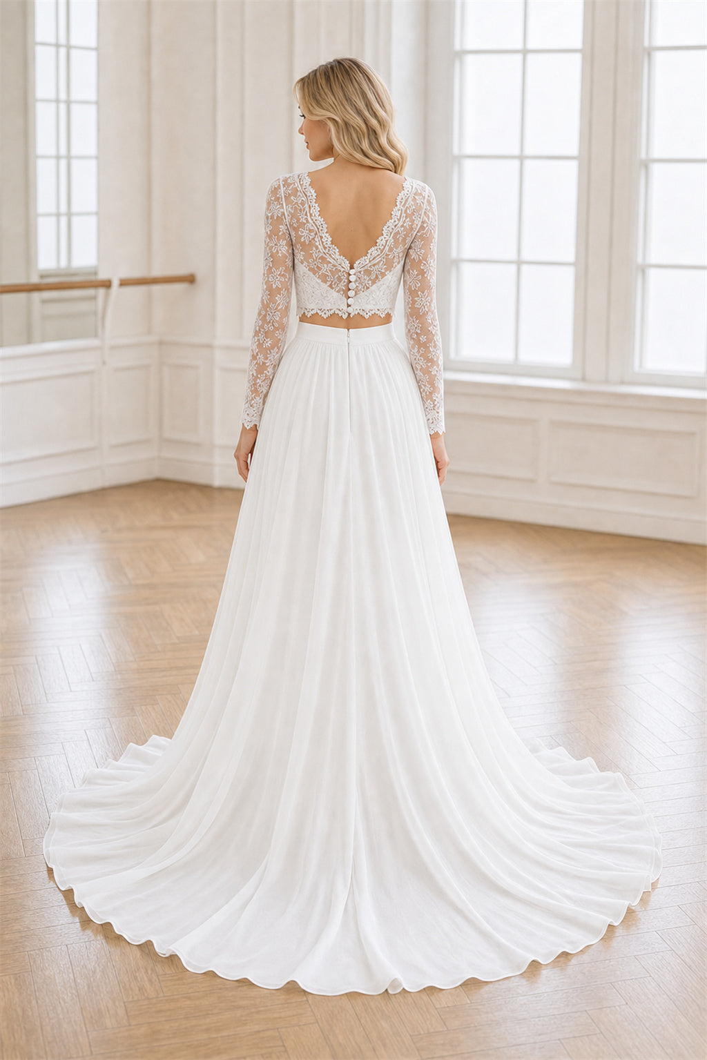 White Illusion Long Sleeves Two-Piece Chiffon, Lace Floor-length Wedding Dress With Lace and Two-Piece and Open Back