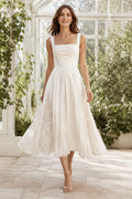 Ivory Square Strap Chiffon Lace Tea Length Wedding Dress for Wedding Reception and Party front view