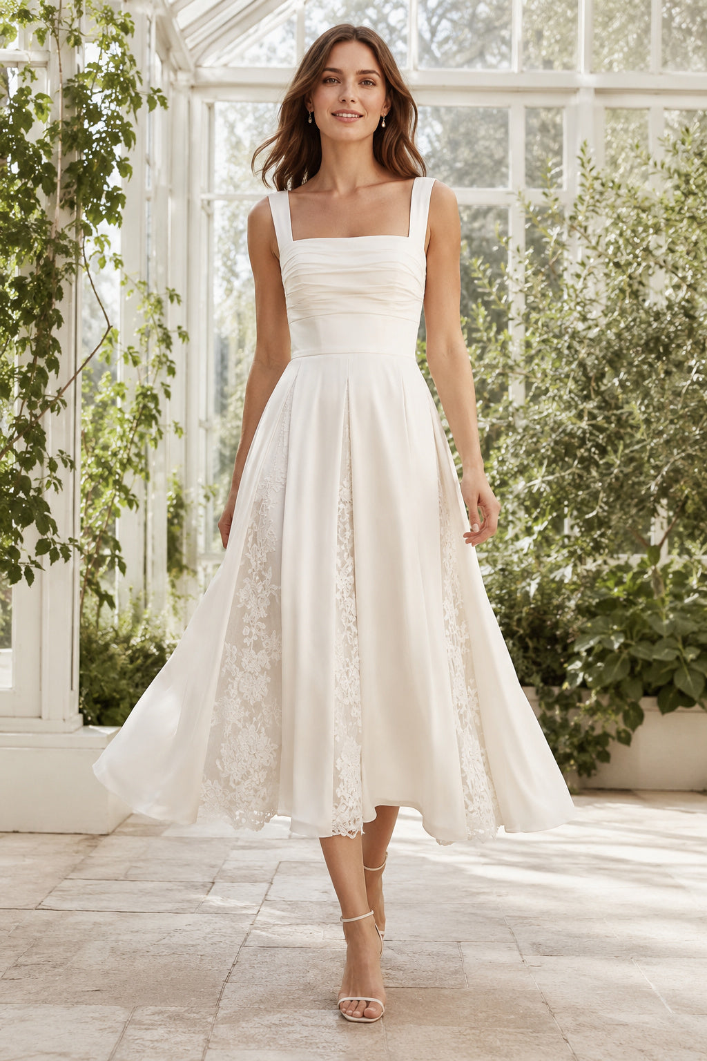 Ivory Square Strap Chiffon Lace Tea Length Wedding Dress for Wedding Reception and Party front view