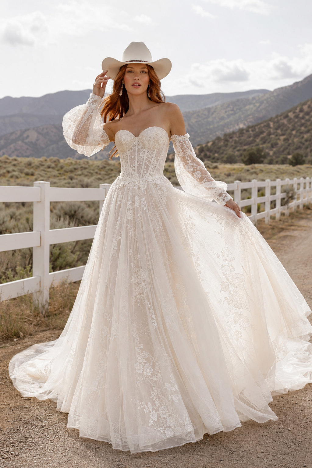Off the Shoulder Long Sleeve A-Line Wedding Dress with Lace Bodice and Tulle Train front view
