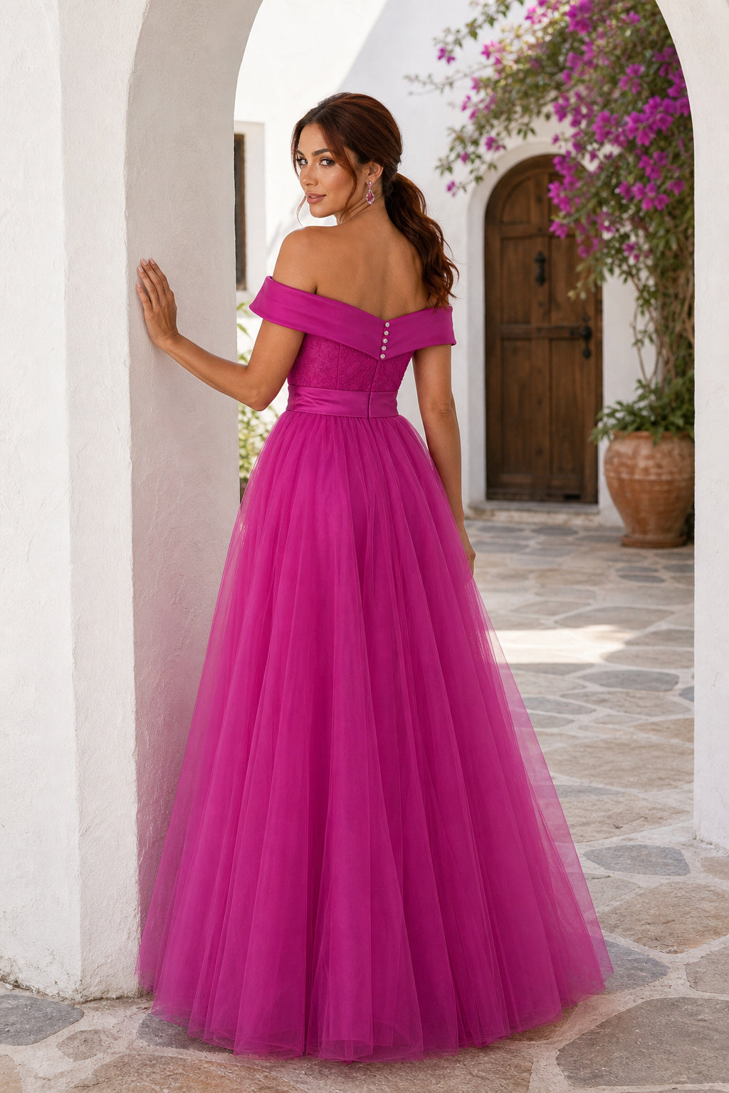 Hot Pink Off-the-Shoulder A-Line Tulle Floor-Length Dress With Pleated Bodice