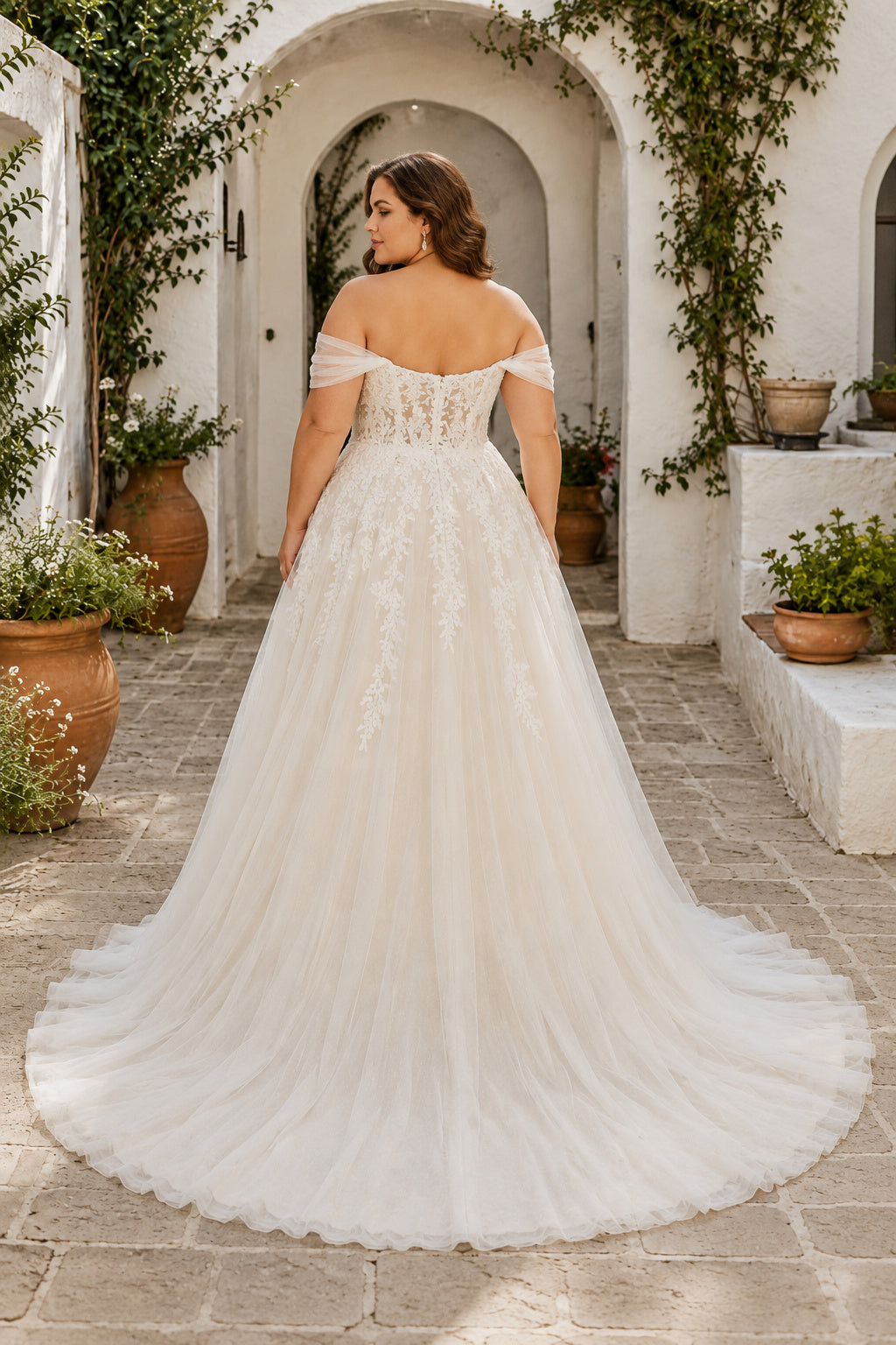 Plus Size Ivory Off-the-Shoulder Sweetheart Flutter Sleeve Lace Tulle A-Line Wedding Dress with Flutter Sleeves and Full Tull