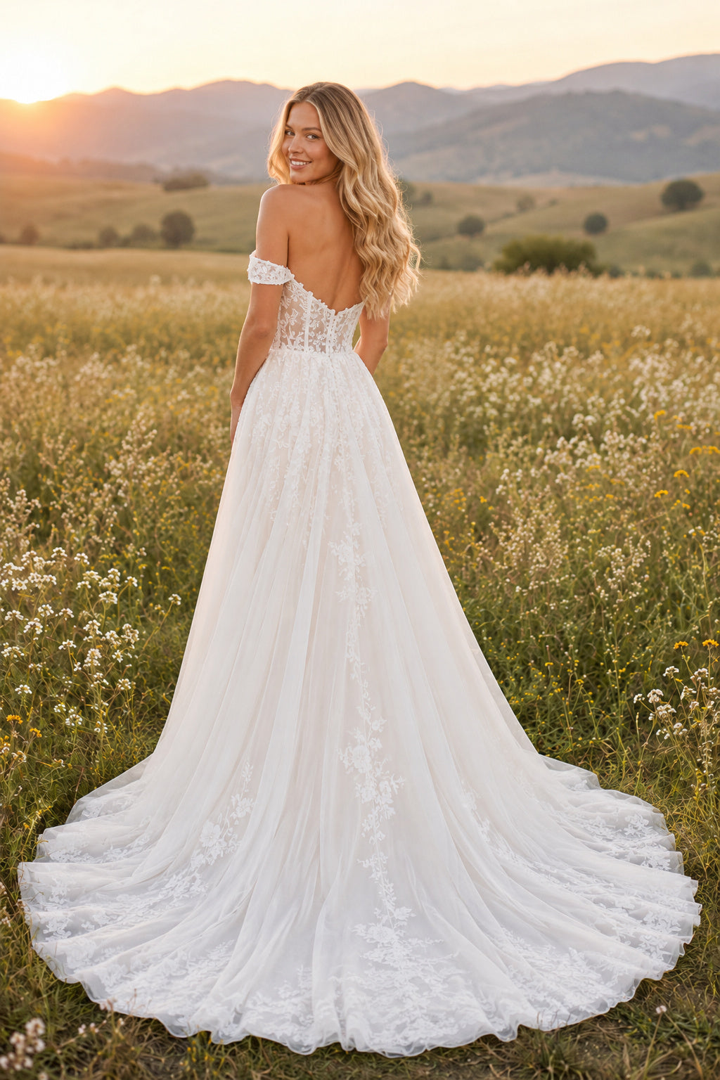 Off the Shoulder Sweetheart A-Line Wedding Dress with Lace Appliques and Full Train back view