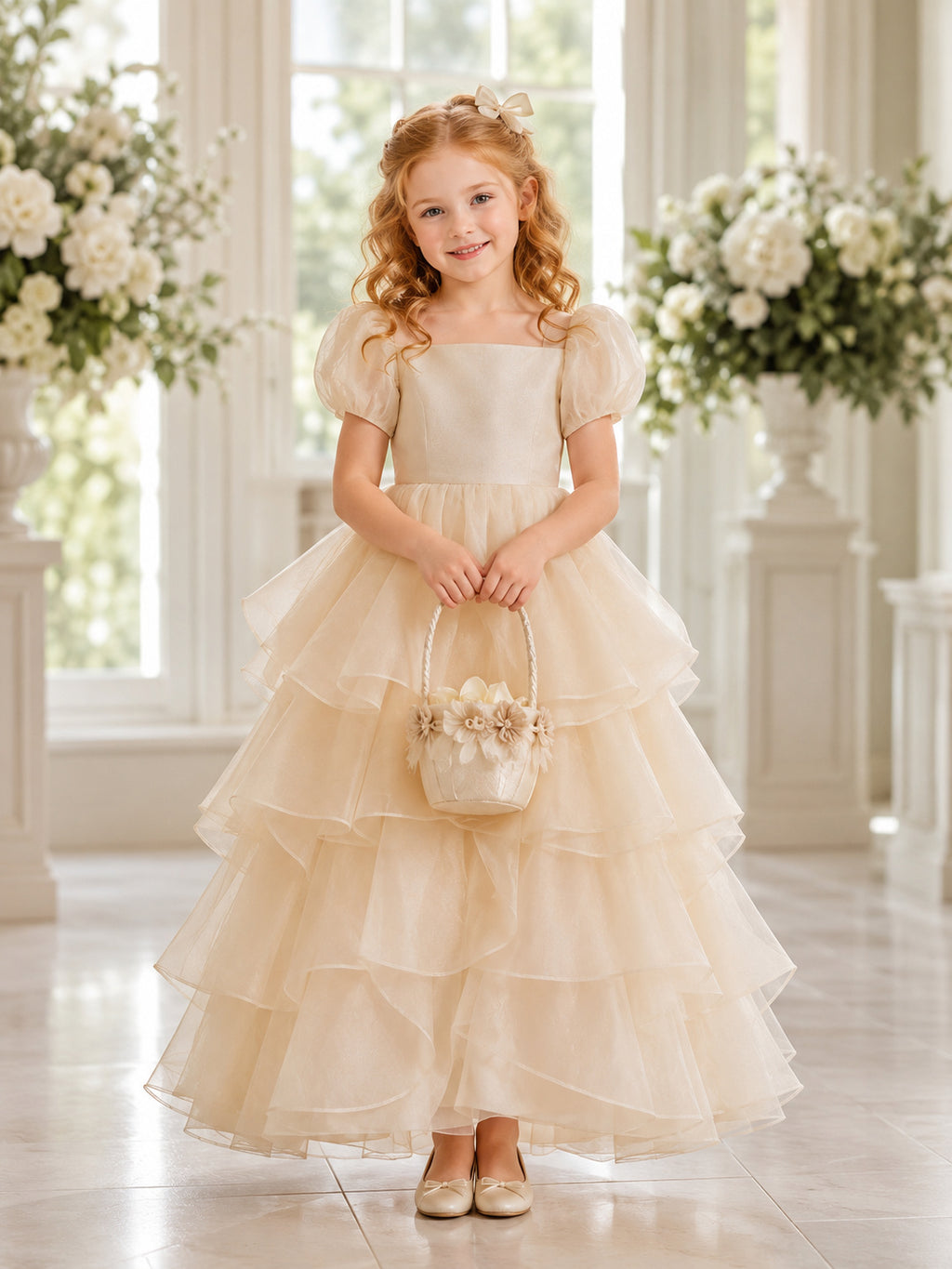 Champagne Tiered Organza A-Line Layered Ruffle Flower Girl Dress, Short Sleeve Cap, Off-the-shoulder Floor-Length Garden fron
