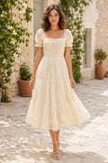 Cream Square Neck Puff Sleeve Tea Length Wedding Dress with Lace Tiered Skirt for Garden Reception Party front view