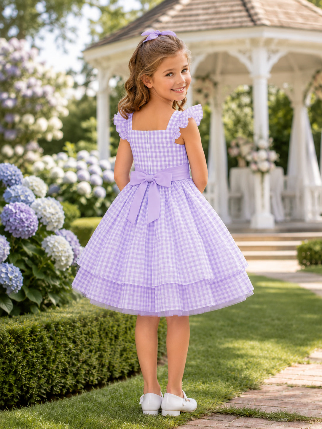 Lavender Gingham A-Line Taffeta Flower Girl Dress, Short Sleeve Petal, Square Neck, Ruffled Knee-Length Garden back view