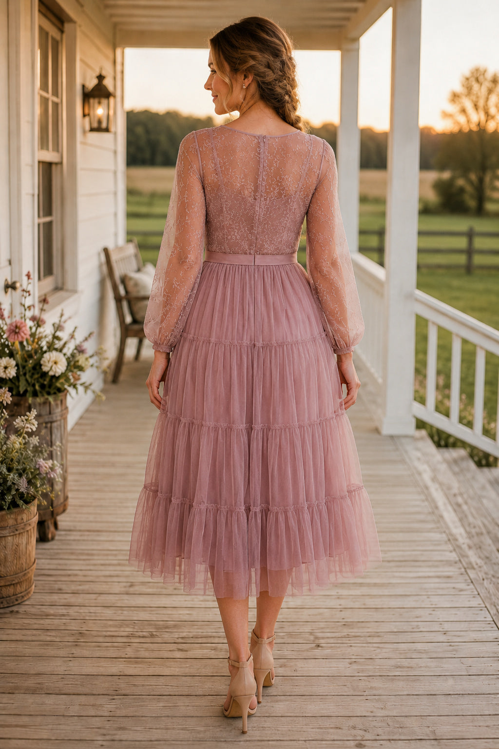 Dusty Rose Spaghetti Strap Tiered Tulle Skirt with Soft Bow Detail Tea Length A-Line Homecoming Dress back view