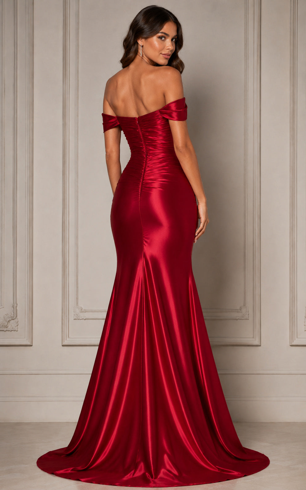 Red Satin Trumpet Prom Dress Off Shoulder Ruched Bodice back view