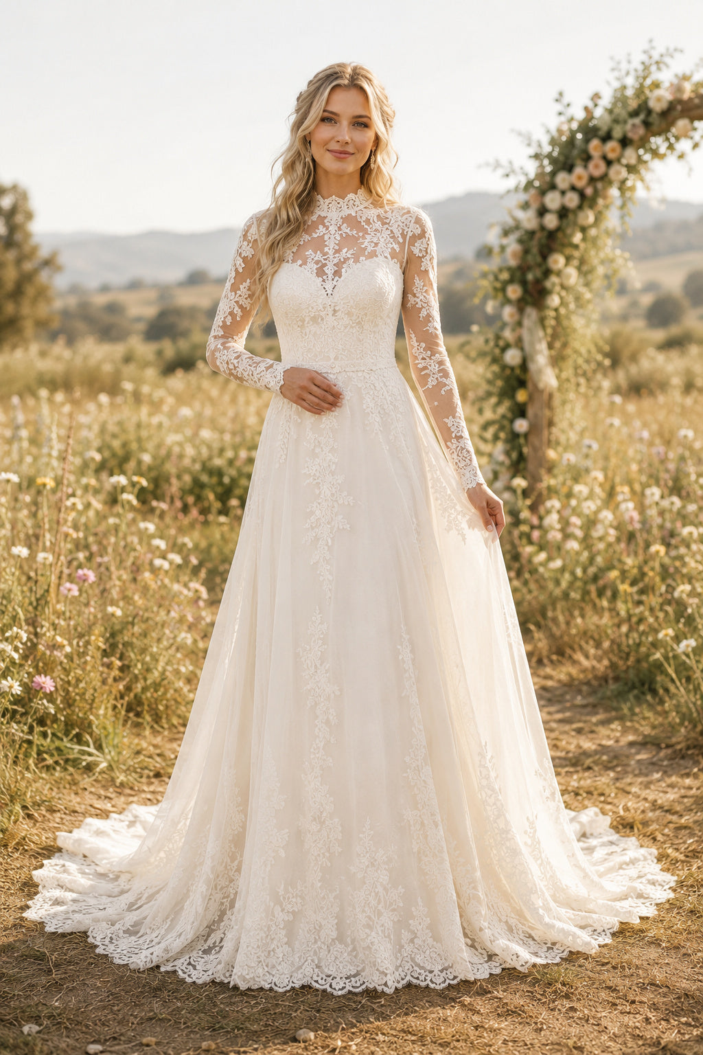 High Neck Long Sleeve A-Line Wedding Dress with Lace Bodice and Chapel Train for Beach Garden Ceremony front view