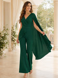 Dark Green V Neck Flowing Cape Guest Pantsuit front view