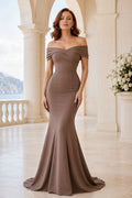 Taupe Off-the-Shoulder Mermaid Evening Dress with Ruched Bodice front view