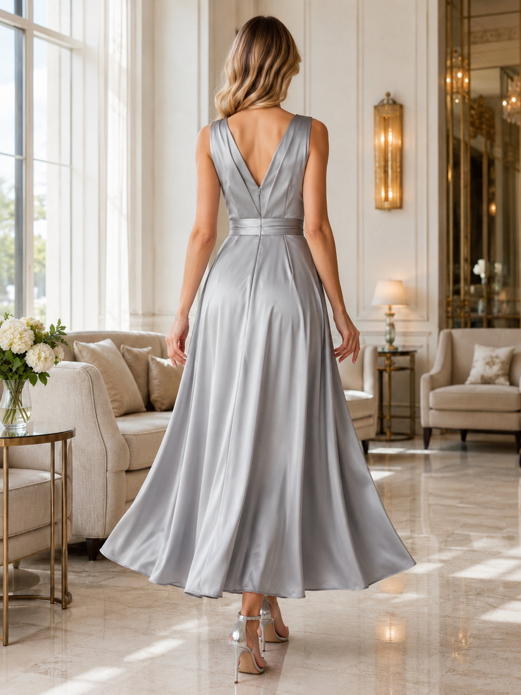 Silver V Neck Pleated Satin Ankle Length A Line Guest Dress back view