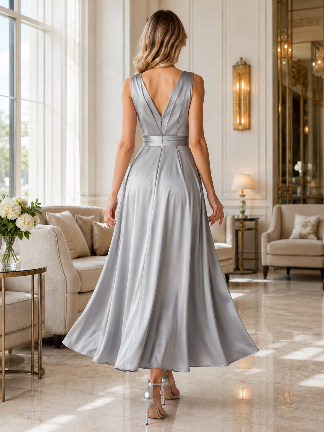 Silver V Neck Pleated Satin Ankle Length A Line Guest Dress back view