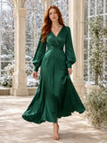 Dark Green Satin V-neck Long Sleeve Tea-length Dress front view