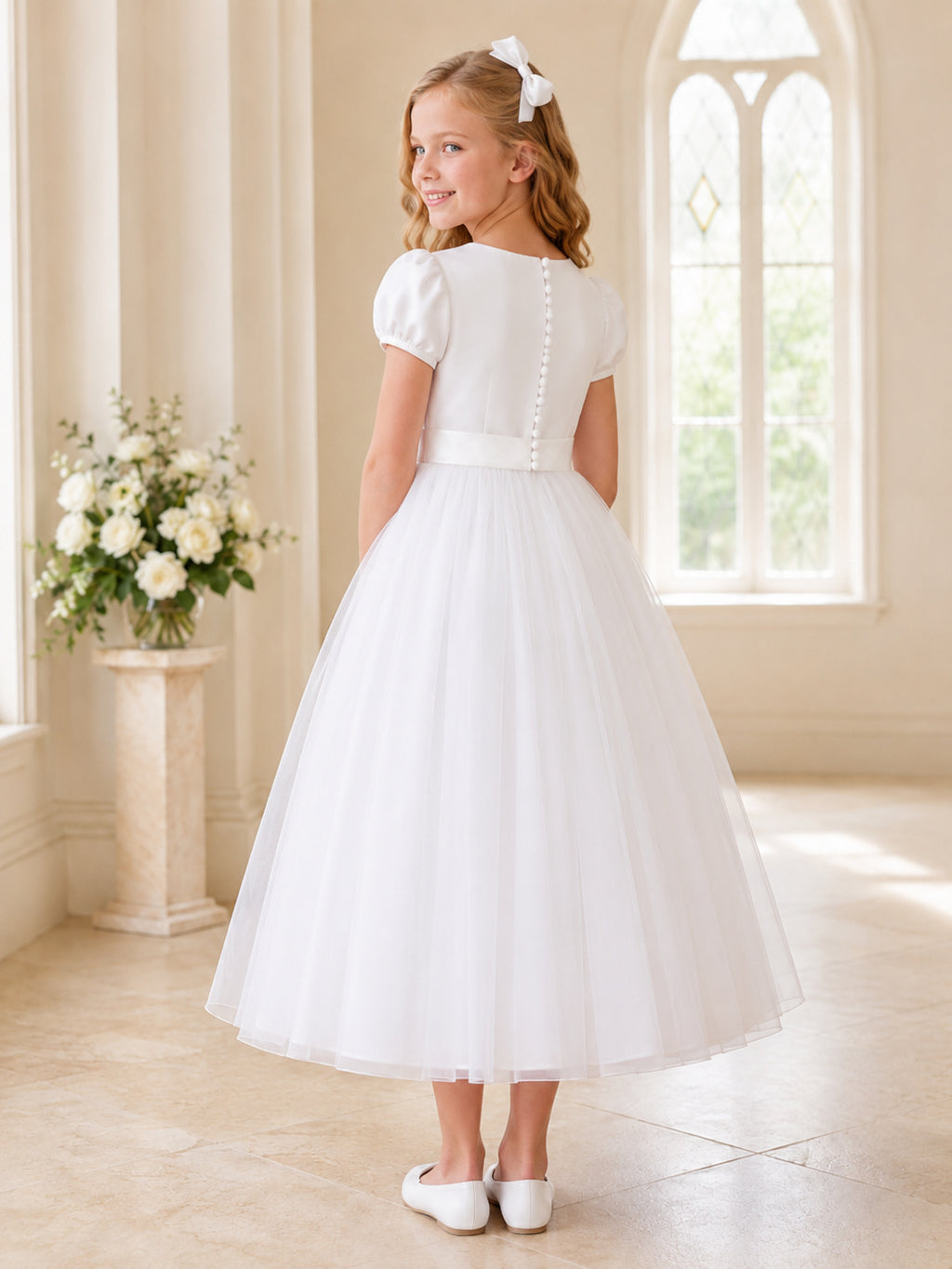 White Satin Tulle Jewel Neck Short Puff Sleeve Covered Buttons Ankle Length Communion Flowergirl Dress back view