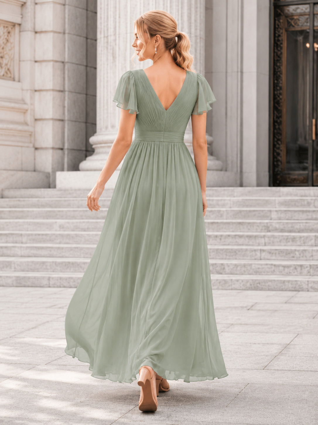 City Hall Cocktail Sage Romantic Elegant A-Line Chiffon Bridesmaid Dress with V-Neck Short Sleeve Tea-Length Low Back back vi